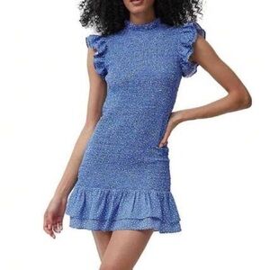 French Connection Blue Smocked Ruffle Dress Elao Drape Dotted Dress Size S